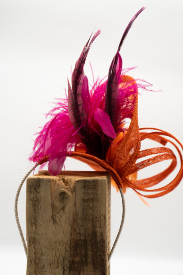 Hand sculpted fascinator in vibrant burnt orange & cerise - Image 4