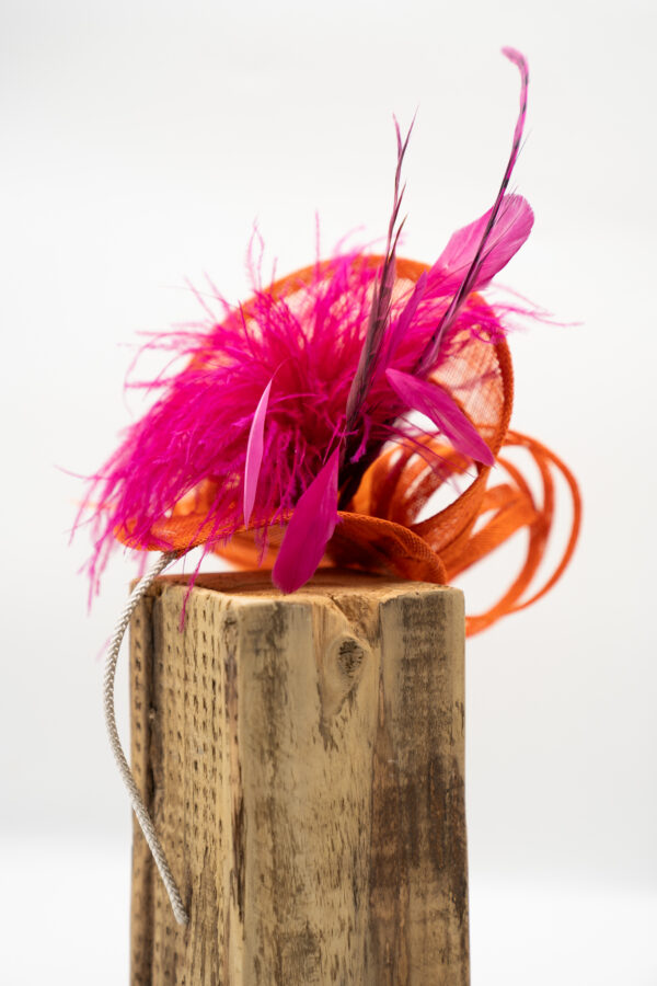 Hand sculpted fascinator in vibrant burnt orange & cerise - Image 3