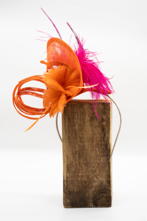Hand sculpted fascinator in vibrant burnt orange & cerise - Image 2